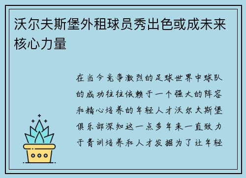 沃尔夫斯堡外租球员秀出色或成未来核心力量