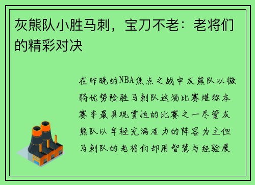 灰熊队小胜马刺，宝刀不老：老将们的精彩对决