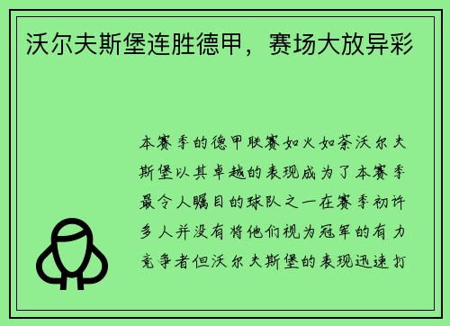 沃尔夫斯堡连胜德甲，赛场大放异彩