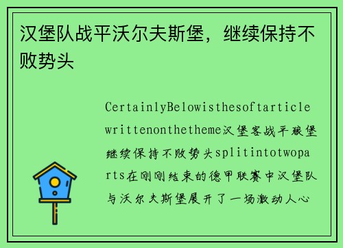 汉堡队战平沃尔夫斯堡，继续保持不败势头