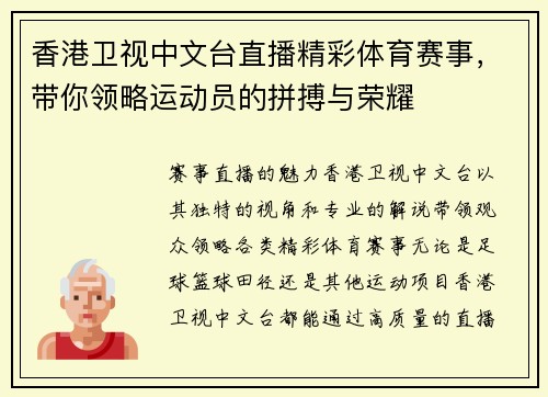香港卫视中文台直播精彩体育赛事，带你领略运动员的拼搏与荣耀